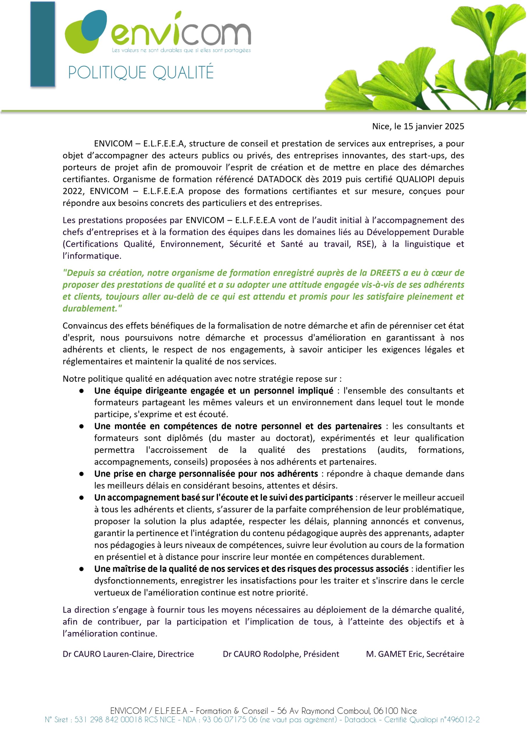 POLITIQUE QUALITÉ ENVICOM 2025